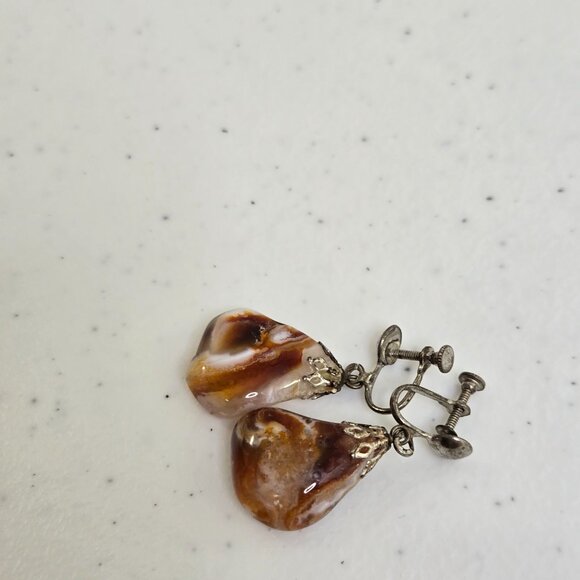 Agate Earrings Dangle Brown Stripe Drop Gemstone Boho Tumbled Stone - Picture 4 of 8